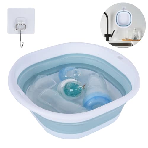 Wash Basin for Baby Bottles - Collapsible Wash Basin for Baby Bottles, Baby Bottle Tub for Sink, Reusable Baby Bottle Sink Basket for Home and Travel - (with Hook)