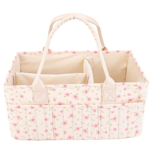 Quilted Nursery Storage Basket, 14.96 Inch Floral Print Diaper Caddy, Large Capacity Baby Organizer for Newborn (Floral Pink)