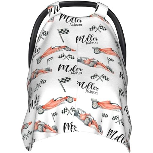 Personalized Baby Car Seat Canopy for Babies, Custom Name Baby Car Seats Covers for Boys Girls, Opening Minky Nursing Breastfeeding Cover for Infant, Carseat Canopies for Newborn (Race Car)