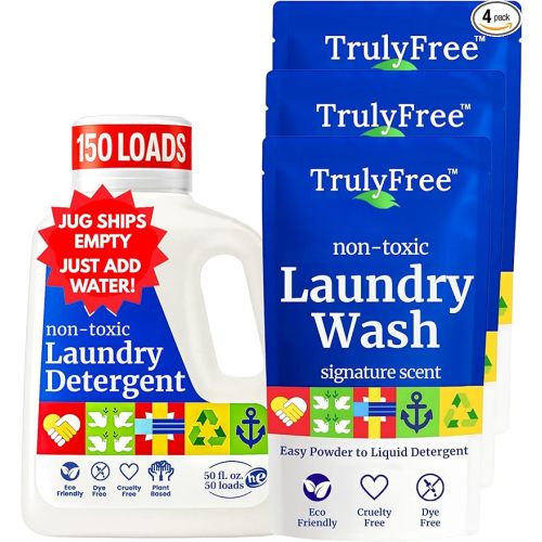 Truly Free Natural Laundry Detergent for Sensitive Skin | Eco Friendly, Plant Based, Baby Clothes Safe | Clean & Easy Powder to Liquid, 3 Pack Detergent + 1 Refillable Jug | Signature Scent 150 Loads