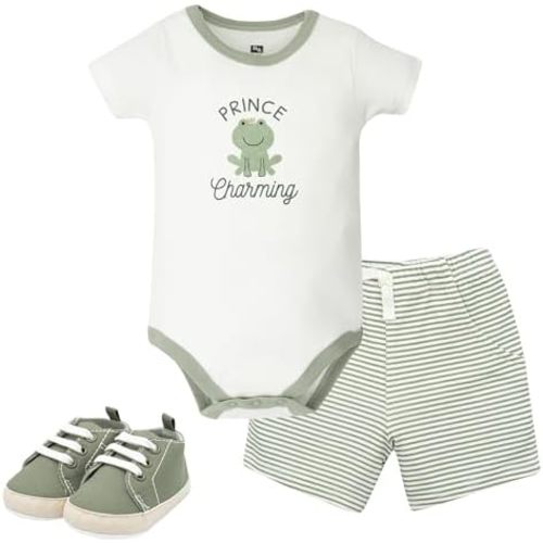 Hudson Baby Unisex Baby Cotton Bodysuit, Shorts and Shoe Set