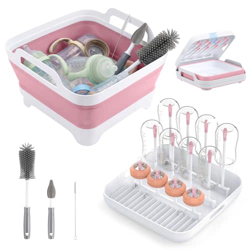 Yecuip Collapsible Baby Bottle Wash Basin w/Drying Rack & Drain Plug, Pink | 2.4 Gallon Foldable Dish Tub w/Handles,Portable RV Camping Sink & Space-Saving Wash Bin with Lid for Kitchen,Travel & Outdoor