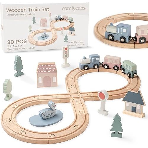 Comfy Cubs 30-Piece Wooden Train Set for Toddlers Ages 1+, Fun & Eco Friendly Toddler Train Set with Wooden Toy Tracks - Creative Toy Town Promoting Imaginative Play with Flexible Configuration