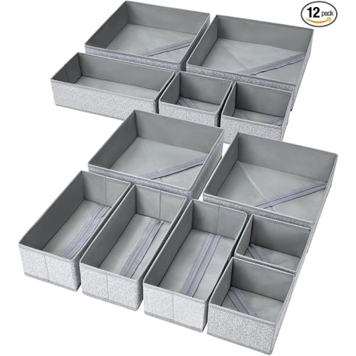 DIMJ Drawer Organizers - 12 Pack Foldable Closet & Sock Organizers, Fabric Dresser Drawer Dividers for Clothes, Underwear, Bras, Socks