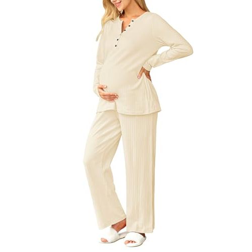 OUGES 100% Cotton Womens Maternity Nursing Pajamas Sets 2 Piece Pregnancy Delivery Postpartum Lounge Pjs with Pockets