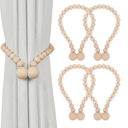 KLOGTSIND Magnetic Curtain Tiebacks, 4 Pack Wood Bead Curtain Holdbacks | Elegant Curtain Tie Backs for Boho Bedroom Decor, Baby Nursery Decor, Farmhouse Decor, No Tools Required