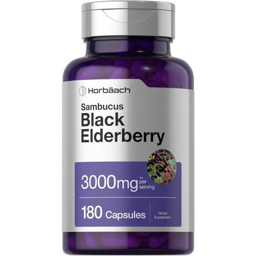 Horbäach Black Elderberry | 3000mg Capsules | 180 Count | Non-GMO, Gluten Free | Sambucus Extract Supplement