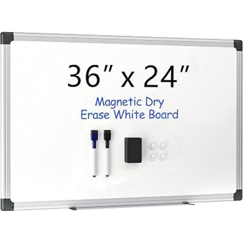 VUSIGN 36" x 24" Magnetic Whiteboard for Wall, Dry Erase Board with Silver Aluminum Frame, Hanging White Board for Office, Home, Classroom – Includes 1 Eraser, 2 Multicolor Markers & 4 Magnets