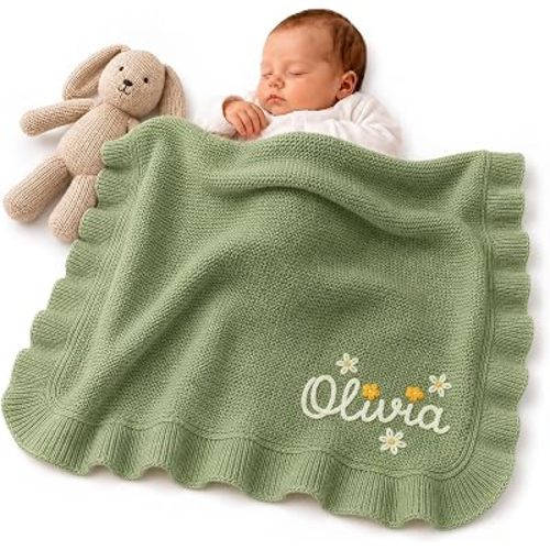 Personalized Baby Blanket with Name, Hand-Embroidered Knit Blanket for Boys Girls, Custom Newborn Receiving Cover, Infant Nursery Keepsake, Christmas BabyShower Gift for Son Daughter A02