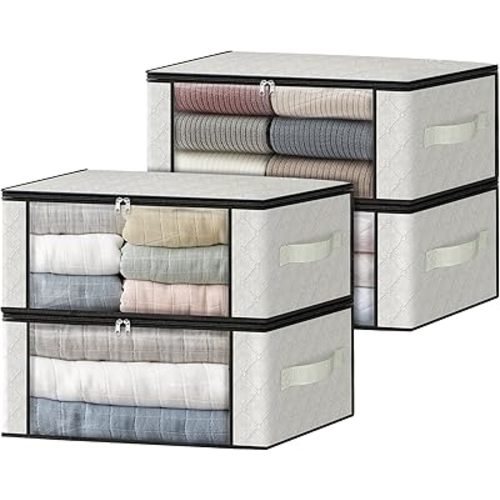 HomeHacks Storage 4-Pack Clothes Organizer Storage Bags Foldable Storage Box with Large Clear Window Sturdy Handles for Closet, Dorm, Pillows, Bedding, Clothes, Blankets, 35L, Ivory