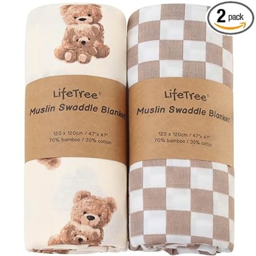 LifeTree Muslin Swaddle Blankets, Baby Swaddling Wrap Nursery Blanket Unisex, Soft 70% Viscose from Bamboo and 30% Cotton, Large 47 x 47 inches, Bear & Checkered Swaddle Blanket