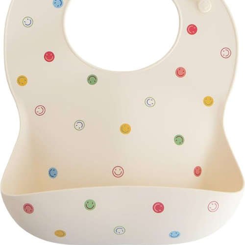 mushie Silicone Baby Bib | Adjustable Fit Waterproof Bibs (Smiley Face)
