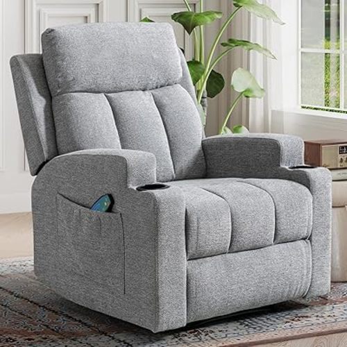 Fabric Manual Recliner Chair with Massage and Heat, Comfy Reclining Chairs with Overstuffed Arm and Back, Single Sofa with 2 Cup Holders, Side Pocket for Living Room (1, Light Grey)