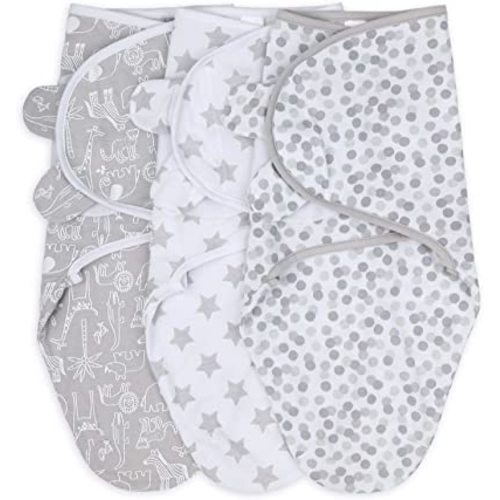 The Peanutshell Baby Swaddle Blankets for Boys or Girls, Grey Safari Animals & Stars, 3 Pack Wrap Set (Medium/Large)