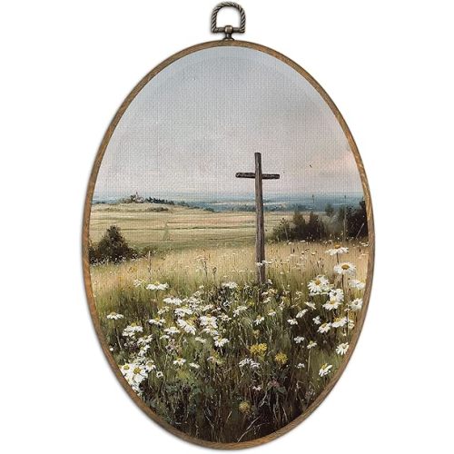 SHQIEUDH Vintage Cross Christian Oval Wall Art 8.6x11.4, Religious Landscape Framed Canvas Prints Artwork, Rustic Wildflowers Oval Wall Hanging Decor for Living Room Home Bedroom