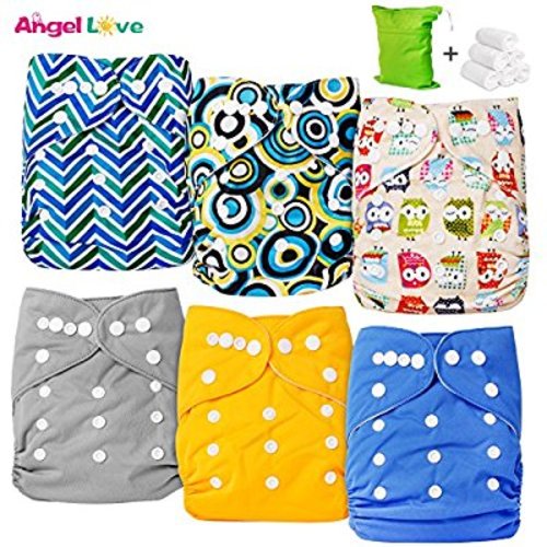 Cloth Diapers, Angel Love 6 Pack Diaper Covers+6 Diaper Inserts+1 Wet Dry Bag, Baby Washable Cloth Pocket Diapers, Reusable, All in one Size, Adjustable Snap, Gift Set,11ZH11 (Boy Color)