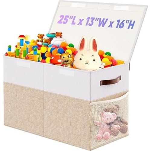 Large Toy Storage Box with Lid Divider, Sturdy Collapsible Toys Organizer Chest Kids Storage Bins Boxes Baskets for Boys, Girls, Nursery, Bedroom, Living Room, Playroom, 25"x13"x16", Beige and White