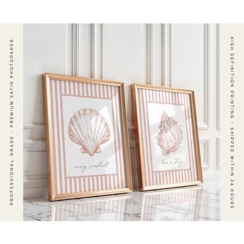 Set of 2 Blush Pink Seashell Prints - Every Seashell Has a Story Quote Prints