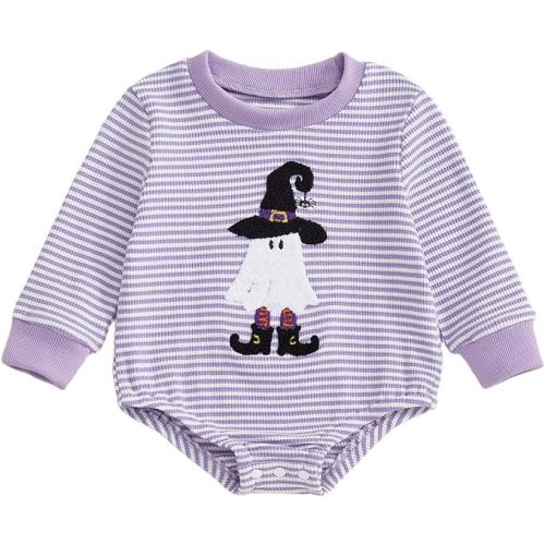 Newborn Infant Baby Girl Halloween Outfits Embroidered Ghost Onesie Striped Long Sleeve Romper Clothes