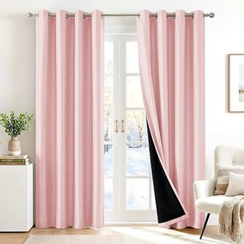 Deconovo 100% Blackout Curtains with Black Liner, Thermal Insulated Noise‑Reducing Grommet Drapes, Double‑Layer Room Darkening for Bedroom, Nursery, Home Office, 2 Panels, Crystal Pink, 52W x 84L