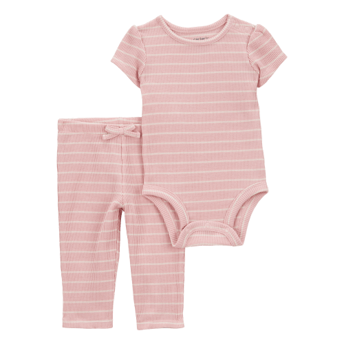 Baby Girl 2-Piece Striped Short-Sleeve Waffle Knit Bodysuit Pant Set - Pink - Carter's | Carter's