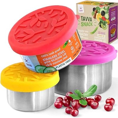 TAVVA Stainless Steel Snack Containers for Kids [12oz/ 7oz/ 3oz] - Leakproof with Silicone Lids - Lunch Box for Kids - Metal Lunchbox for School, Office, Home Food Storage - Dishwasher & Freezer Safe