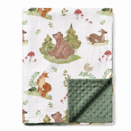 GLLQUEN BABY Muslin Baby Blankets for Boys & Girls, 2-Layer Toddler Blanket | Cotton Top with Dotted Fleece Back, Soft Receiving Blanket for Nursery Stroller Crib, 30''x40'', Woodland Animals