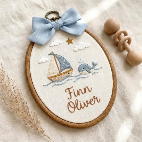Personalized Baby Name Embroidery Hoop, Nautical Whale Sailboat Nursery Decor, Oval Ocean Name Sign, Baby Boy Coastal Nursery Wall Art