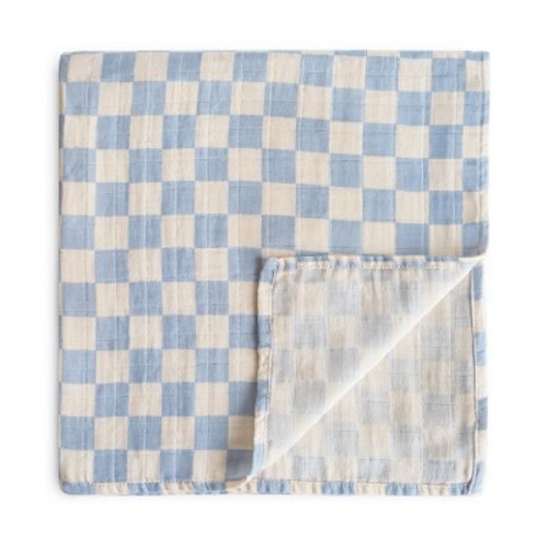 Organic Cotton Muslin Swaddle Blanket Blue Check One Size