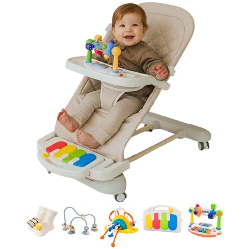 Cuddo Baby Bouncer Montessori| Sensory Toy, Piano, Tray, Rattle Socks| Khaki | Wheelable, 3-Level Recline Foldable Seat, Infant to Toddler 0-12M, Baby Gift