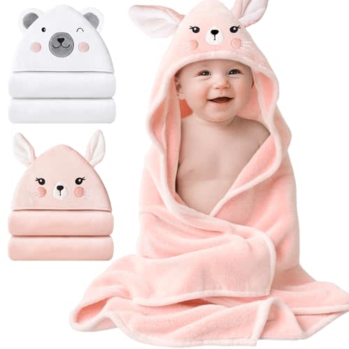 Konssy Plush Fleece Hooded Baby Towels, 32" × 32" Soft & Absorbent, Animal Baby Bath Towels