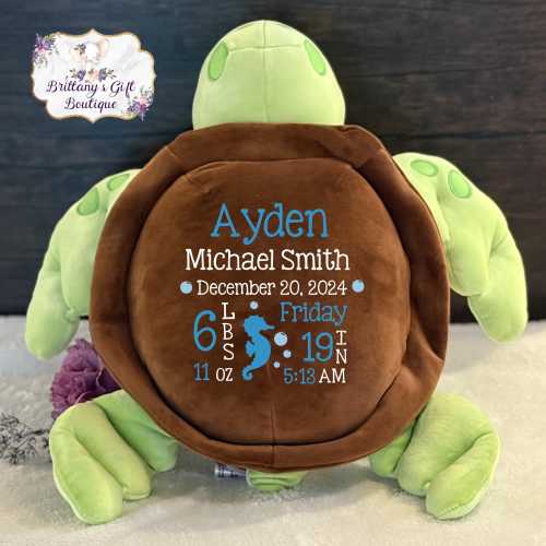 Birth Announcement Stuffed Animal, Birth Sats, Baby Shower Gift, Baby Boy or Girl, Turtle, Nursery Decor, Personalized Plush, Sea Turtle