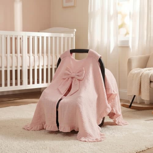 Tegeme Pink Baby Car Seat Cover Canopy Cover with Bow for Girls | 100% Cotton Baby Carseat Canopy Cover 32x44 Inches Breathable, Nursing Shield with Stroller Cart Newborn Girls Boys