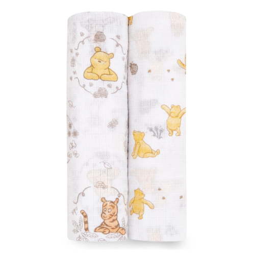 Aden + Anais Essentials x Disney Muslin Swaddle Blankets, Newborn Receiving Blanket for Swaddling, 100% Cotton Baby Swaddle Wrap, 2 Pack, Winnie the Pooh, Unisex