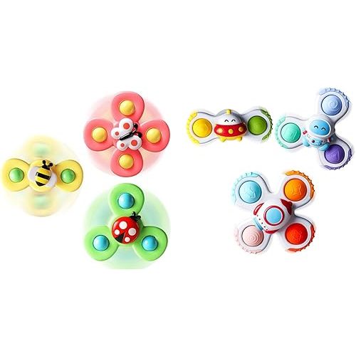 ALASOU 6 PCS Suction Cup Spinner Toys(3 Farm+3 Space) for Infant and Toddlers