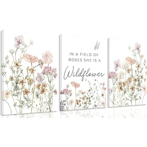 3Pcs Watercolor Flowers Nursery Wall Art Florals Botanical Sentence Picture Wall Decor Pink Wildflowers Poster Print Artwork for Girl Nursery Office Bedroom Livingroom Inspirational Wall Decoration