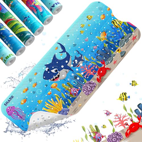 XIYUNTE Baby Bath Mat for Tub Non Slip Kids Bath Mat - 40''x16'' Extra Long Cartoon Bathtub Mat Non Slip Kids Shower Mat Eco-Friendly Toddler Bath Mats with Suction Cups, Machine Washable, Shark
