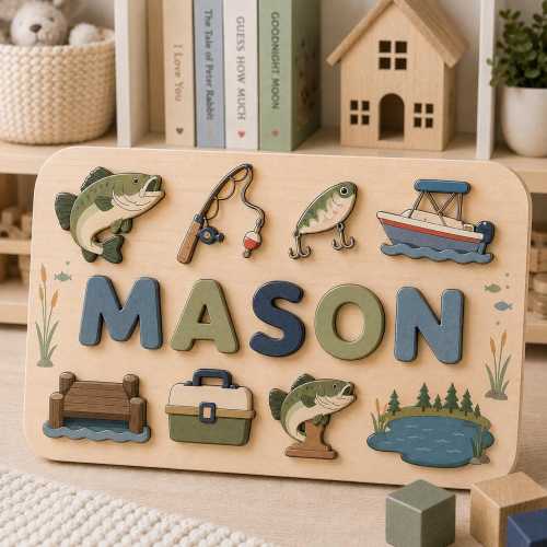 Personalized Fishing Name Puzzle, Custom Wooden Name Puzzle, Fishing Nursery Decor, Montessori Wooden Puzzle, Bass Fishing Baby Gift