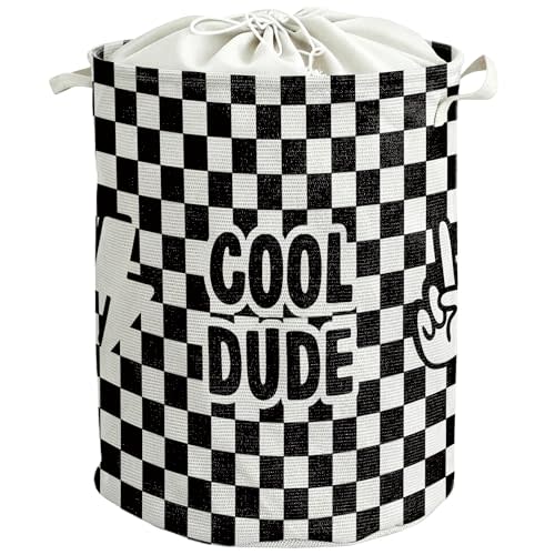 Black Checkered Laundry Basket Hamper, Boy Nursery Laundry Basket, Cool Dude Black Checkered Waterproof Storage Bin Toy Box Organizer for Bedroom Bathroom Kids Boys Room Playroom Clothes Toys