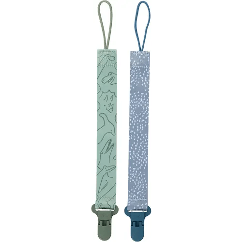 Nuby Pacifinder Baby Pacifier Clip - (2-Pack) - Pacifier Holder Clip with Convenient Hook Loop - Blue Dots and Green Dino