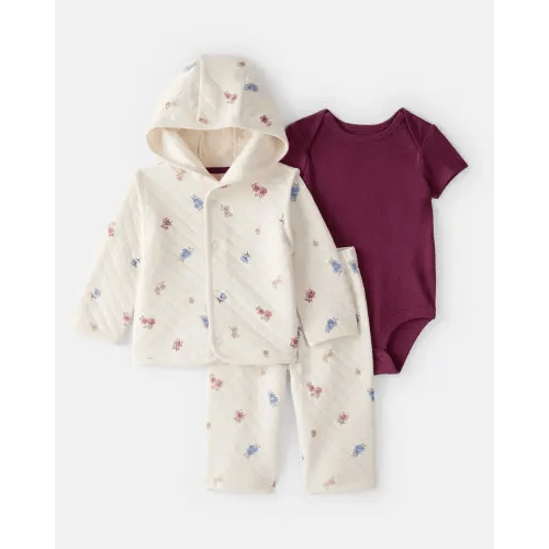 Baby Girl 3-Piece Floral Quilted Jacket Outfit Set - Maroon/Cream | Carter's