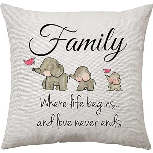 Family Inspirational Quotes Throw Pillow Cover Cute Mama Elephant Children Elephant Pillow Cover - Where Life Begins, and Love Never Ends Pillow Case 45 x 45 cm Home Decor