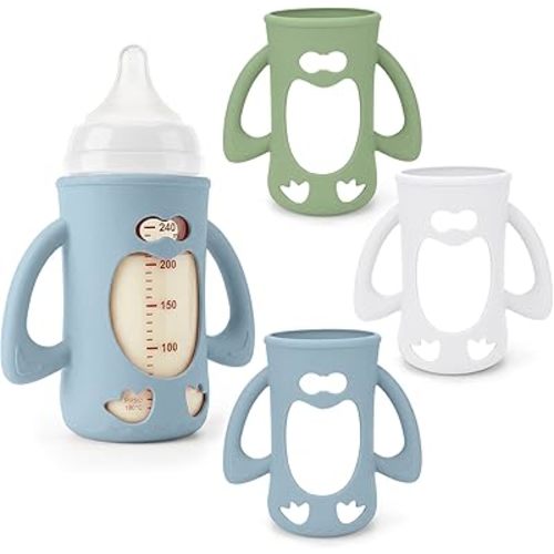 3 Pack Silicone Baby Bottle Handles for Pigeon Bottles 8.1oz, Food Grade Anti-Breakage Silicone Sleeve for Glass Bottle - Great Upgrade for Your Baby Bottle Sets(White+Green+Blue)