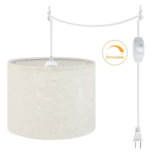 Hlite Linen Fabric Plug in Pendant Light with 15ft UL On/Off Dimmer Switch Cord, E26 Modern Style Swag Hanging Ceiling Light for Bedside Dining Room, Beige (Bulb Not Included)