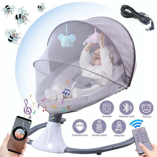 BEJOLO Electric Baby Swing for Infants, Portable Baby Bouncer with Remote Control,bluetooth Music, Gray
