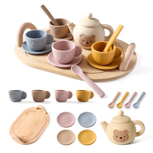 Tea Party Set for Little Girls 1-3 Kids Tea Set with Silicone Teapot Cups Coasters Carrying Scoop Wooden Tray, Kitchen Accessories Pretend Play for Girls Boys Age 3 4 5 (15 Pcs)