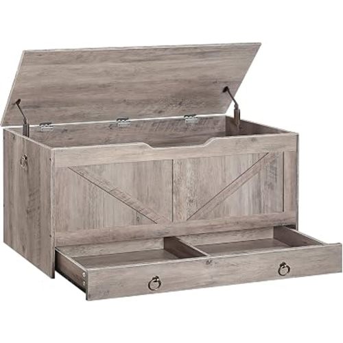 HOOBRO Storage Chest, 39.3" Toy Chest with Drawer, Wooden Storage Bench, Sturdy Entryway Bench Supports 220 lb, Safety Hinge, U-Shaped Opening, Easy Assembly, Greige BG710CW01G2