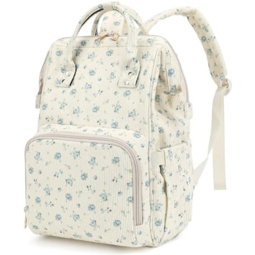 Corduroy Diaper Bag Backpack for Baby Girls Boys, Women Large Nappy Bags for Mom (Beige Corduroy Flowers Blue)