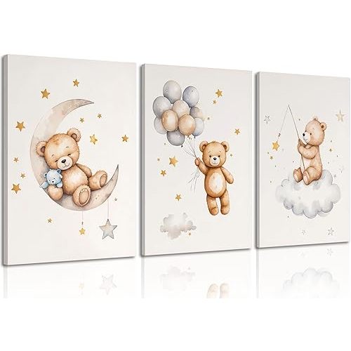 3 Pcs Framed Teddy Bear Nursery Canvas Wall Art Bear Sleeping on The Moon and Stars Wall Decor Pictures Balloon Cloud Neutral Poster Prints for Kids Baby Room Kindergarten Home Decoration 16x24in