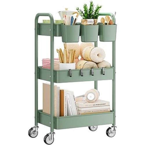 YASONIC 3-Tier Rolling Cart, Green, 66 Pounds Capacity, Mesh Storage Organizer with Lockable Wheels, 3 Hanging Cups, 4 Hooks, Easy Assembly, for Kitchen, Bathroom, Laundry, Grocery
